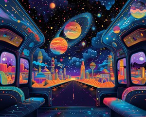 Craft a surrealistic scene of a rear-view psychedelic street artwork with vibrant colors and intricate details in a vector art style Explore unexpected camera angles to evoke a sense of wonder and mys - obrazy, fototapety, plakaty