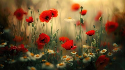 Wild Red Poppies and Chamomile A Showcase of Spring and Summer Blooms - obrazy, fototapety, plakaty