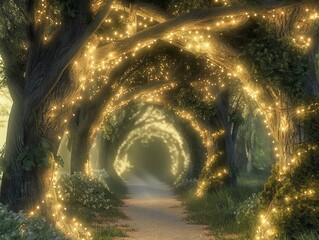 A path through a forest with trees lit up with lights. The lights are twinkling and creating a warm, cozy atmosphere