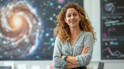 Portrait of smiling young businesswoman astrologer standing with arms crossed in office