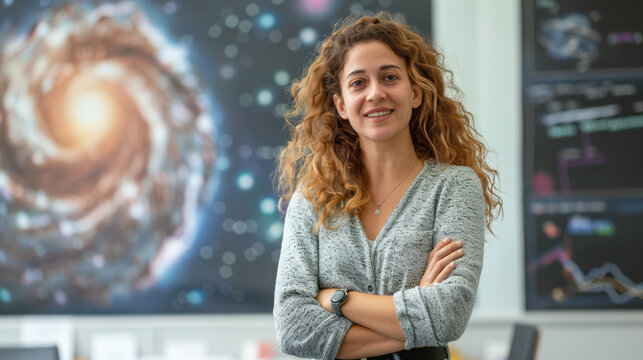 Portrait of smiling young businesswoman astrologer standing with arms crossed in office
