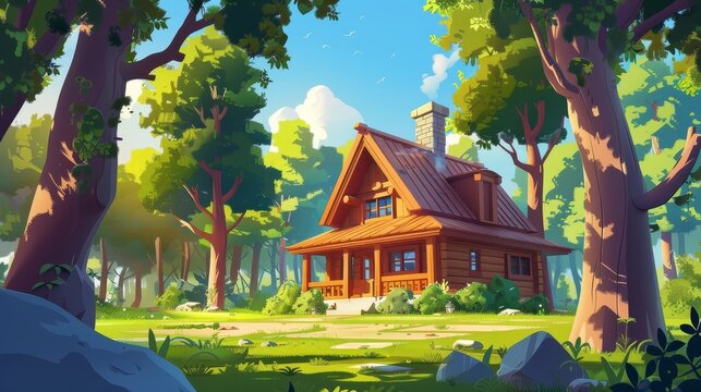 The woodsy cottage in summer forest with porch, windows, chimneys on the roof, tall trees with green foliage, stones in yard, sunlight flares in the air. Modern illustration.