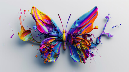 3D render of a vibrant butterfly created from paint splashes on a white backdrop. Abstract swirls, color drops,