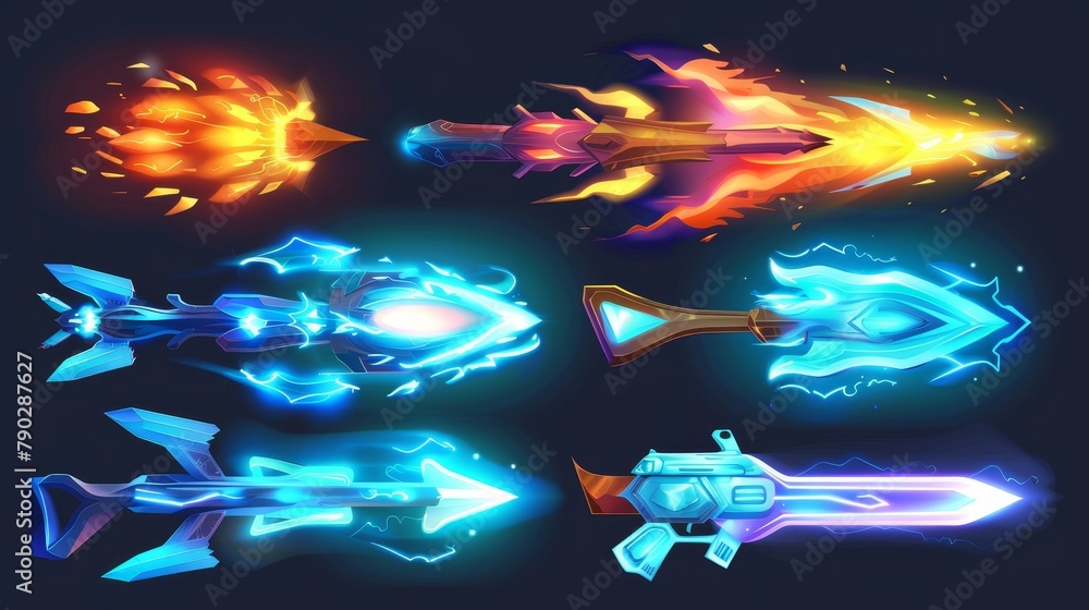 Poster vfx animation of game shoot frost and lightning. graphical gun beam with fire. blast energy shot pow