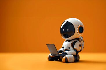 A robot using a laptop with copy space