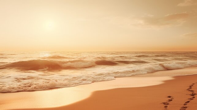 Tranquil beach scene at sunset, rendered in sepia, creating a warm and timeless atmosphere, with gentle waves and a clear horizon