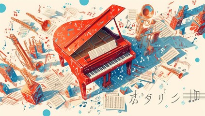 A red piano with musical notes and symbols