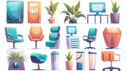 Decorative elements of hospital reception - cartoon modern set of furniture for doctors' clinics, waiting rooms, and medical offices, including a desk, a computer, chairs, posters, and a greenery. - obrazy, fototapety, plakaty