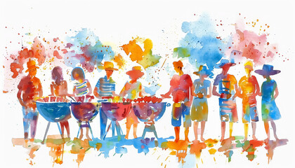 A group of people are sitting around a picnic table in a park watercolor