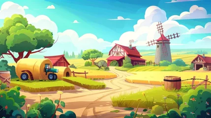 Foto auf Leinwand This modern cartoon illustration depicts haystacks, wooden troughs near homes, stone mill buildings, field crops, green trees and bushes, and the beautiful landscape of a summer village. © Mark