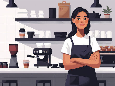 Illustration of a smiling woman with crossed arms wearing an apron in a coffee shop setting.