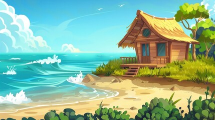 Wooden fishing hut at the coast of the sea or ocean. Cartoon summer modern landscape - waterfront cabin with a straw roof and terrace is surrounded by green grass and bushes. - obrazy, fototapety, plakaty