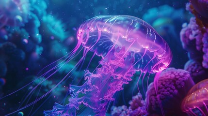 Neon Advertiser Closeup of Jellyfish Glowing Like a Neon Sign, Promoting Underwater Attraction