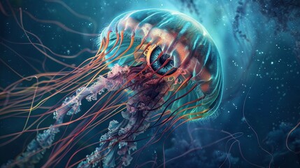 Otherworldly Observer Jellyfish with Human Eye Overseeing Ocean Depths