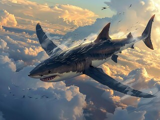 Skybound Shark Artistic Rendering of Shark with Wings Flying Above Dreamlike Sky - obrazy, fototapety, plakaty