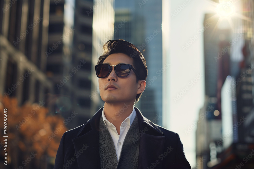 Wall mural luxurious fashionable corean asian man in the city, copy space of a man wearing sunglasses and a whi