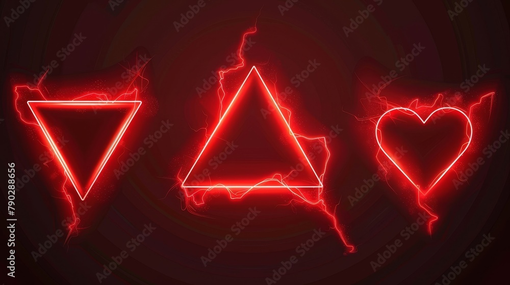 Poster frames made of glowing neon lightning. modern set with triangles and hearts from thunderbolts. power