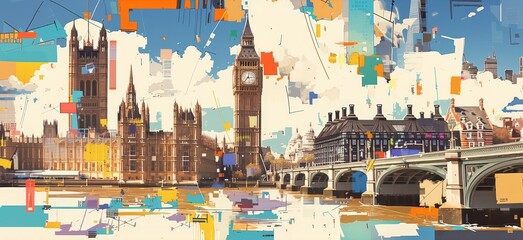 A vibrant collage of the London skyline, including Big Ben and distant buildings, rendered in bold colors