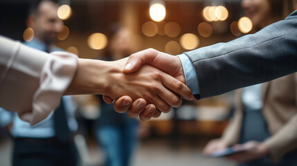 Capture the close-up moment of business partners shaking hands after a successful meeting in the office.