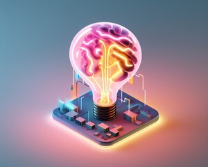 Creative concept design featuring a brain shaped light bulb on an isometric circuit board, rendered in soft pastel colors, symbolizing innovative thinking