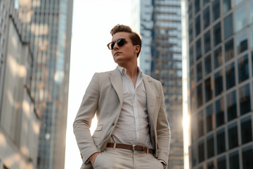 Fototapeta premium Luxurious fashionable young man in the city, copy space of a man in a suit and sunglasses stands in front of a building