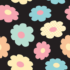 Retro Flower Seamless Pattern, Fun Playful, Cute, Pastel Flowers on Black