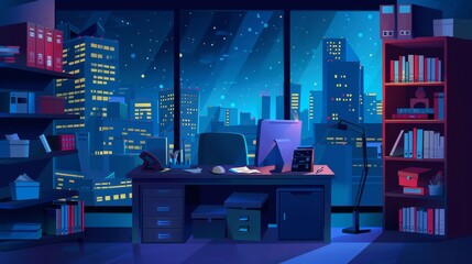A company office at night. Modern cartoon illustration of a dark room with a cityscape and stars in the window, a computer, documents, stacks of books, folders on the shelf, and trash in the bin.