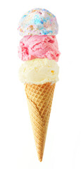 Triple scoop ice cream cone isolated on a white background. Birthday cake, strawberry and vanilla...