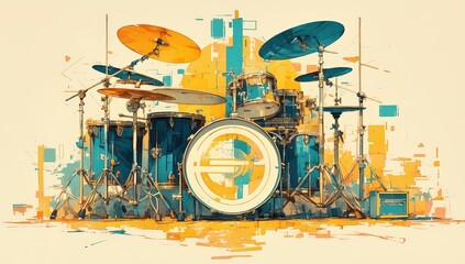 A vintage drum set with retro color blocks and geometric patterns, creating an artistic visual effect in the background.