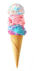 Triple scoop ice cream cone isolated on a white background. Birthday cake, strawberry and cotton candy flavors in a waffle cone. Colorful pastels.