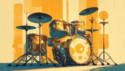 A vintage drum set with retro color blocks and geometric patterns, creating an artistic visual effect in the background. 