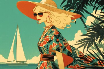 A vintage-style illustration of an elegant lady in retro attire, wearing sunglasses and a sun hat, standing against the backdrop of palm trees on Miami beach during sunset. 