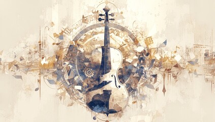 A violin with music notes around it, in a digital art style, on a white background, with a minimalistic and symmetrical composition, using cool tones, with a vintage look, and musical elements