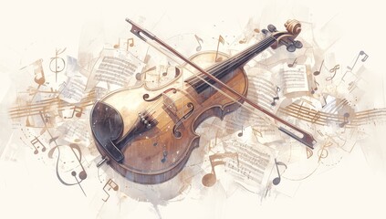 Fototapeta na wymiar A violin with music notes around it, in a digital art style, on a white background, with a minimalistic and symmetrical composition, using cool tones