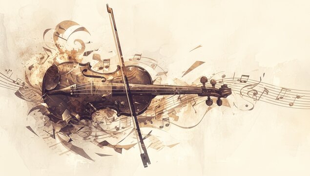 A violin with music notes around it, in a digital art style, on a white background, with a minimalistic and symmetrical composition, using cool tones, with a vintage look, and musical elements