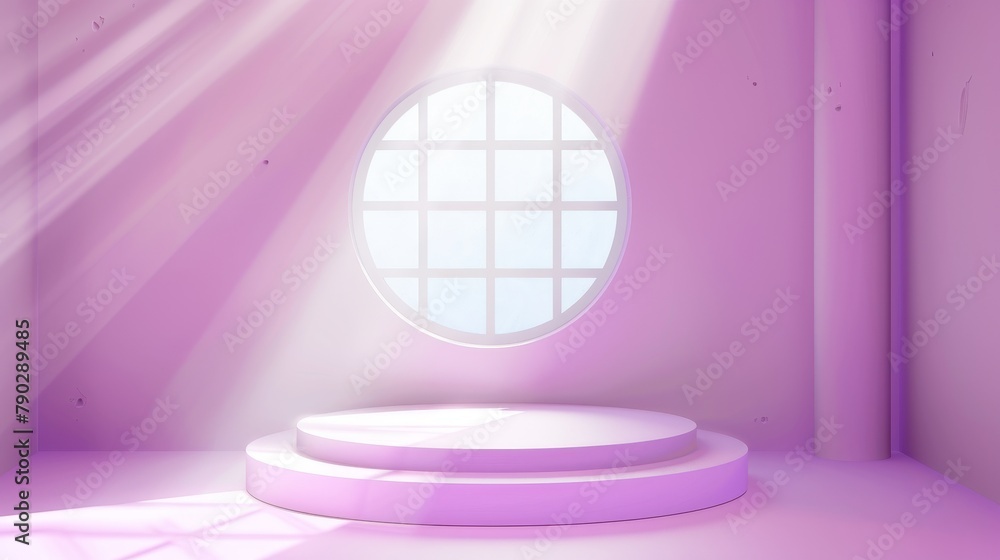 Poster display and promotion podium behind round window. realistic modern 3d template with two-step cylindr