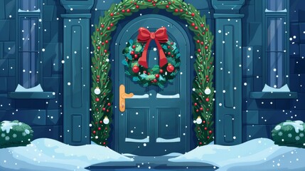 A winter xmas house entrance with garland decorated with green branches and berries, ribbons, bows, and bells covered in snow. - obrazy, fototapety, plakaty