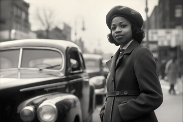 Confident woman in vintage attire stands on bustling city street exuding timeless elegance, charm Retro ambiance, captured in BW adds nostalgic allure of scene. Everyday life moments of America 1930s