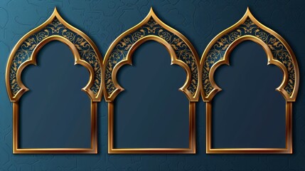 An Arab frame in the shape of a traditional window for congratulating the recipient. Realistic modern illustration of a blue arch border decorated with gold. Simple text box and banner template. - obrazy, fototapety, plakaty