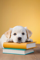 Puppy laying head on a pile of books on an yellow background with space for text, education concept.