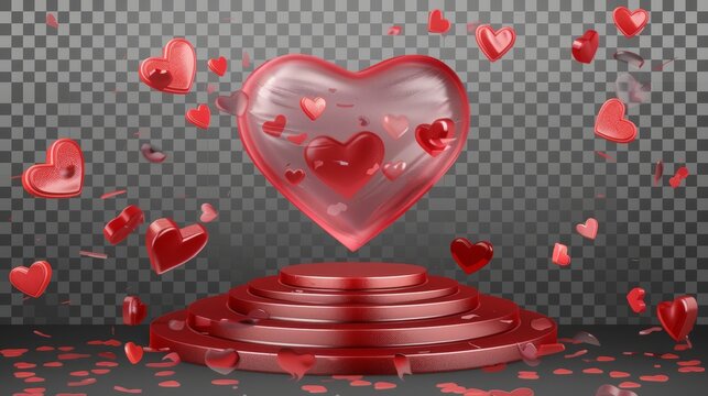 Red heart product podium with flying love symbols. Modern realistic two-step stair platform for displaying goods on transparent background. Minimal promo scene for Valentine's Day.