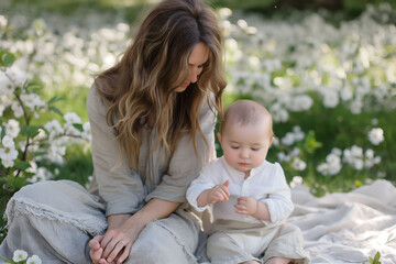 Woman mother holds hugs adorable baby at nature blossom, Mother's Day concept.