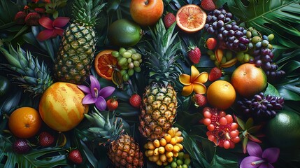 Naklejka na ściany i meble Exotic Fruits in a tropical paradise, A vibrant arrangement of colorful fruits and flowers overflowing from a rustic wooden table.