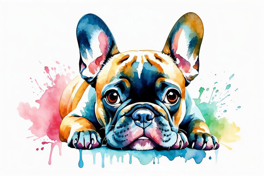 French Bulldog Puppy with watercolor splashes isolated on a white background. Pet portrait illustration
