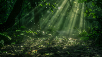 Rays of light flowing through dense plant leaves, creating mesmerizing patterns on the ground. 
