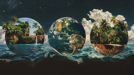 Photorealistic planet in three ecosystems. the first one is the sea with waves, the second one is the desert with dunes, the third one is the tropical jungle.