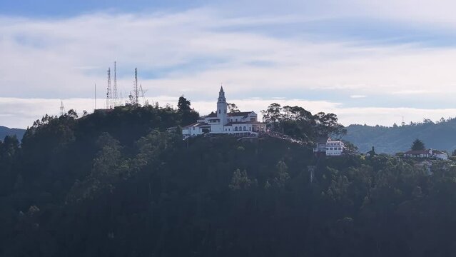 Monserrate Sanctuary At Bogota In Cundinamarca Colombia. Religion Background. Sanctuary Landscape. Bogota At Cundinamarca Colombia. Basilica Church Aerial View. Guadalupe Virgen.
