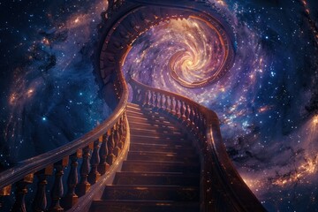 A staircase leads up to a portal in the sky that shows a spiral galaxy. - obrazy, fototapety, plakaty