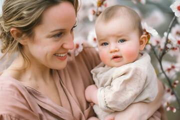 Woman mother holds hugs adorable baby at nature blossom, Mother's Day concept.