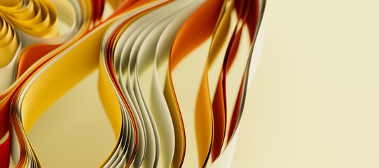 Beige and yellow layers of cloth or paper warping. Abstract fabric twist with shallow DOF. 3d render illustration